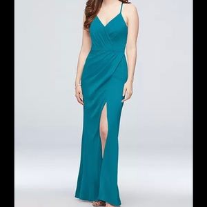 David’s Bridal Teal Blue Cross Back Satin Maxi Dress